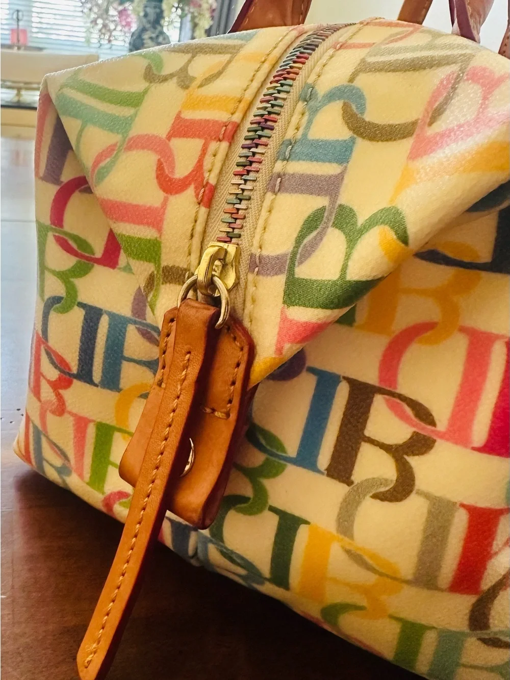VTG Dooney & Bourke Y2K Rainbow Scribble Canvas Duffle Barrel Bag